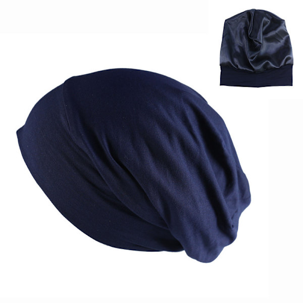 Satinfodrad Beanie, Siden Beanie Sovhatt Hårtäckande Bonnet Slouchy Beanie Natt Sovhatt Justerbar För Lockigt Svart Hår Navy Blue