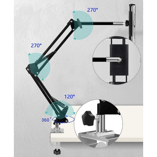 Tablethållare för säng, justerbar och hopfällbar med 360 graders rotation för iPhone, iPad, mobiltelefon, surfplatta, Kindle Fire 1.85\"-12.8\" (utökad arm) Black