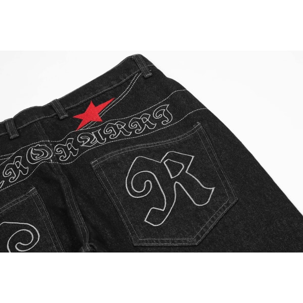 Vintage broderade jeans för män Gatubokstäver Pentagram Trendiga lösa vida ben Casual raka byxor L