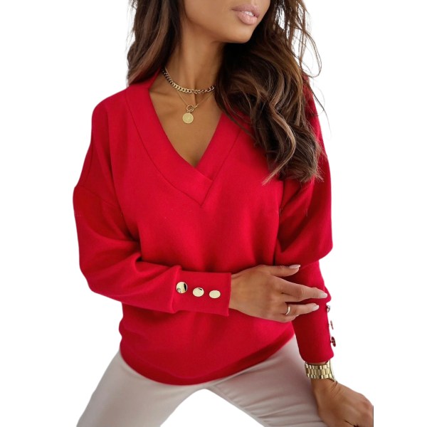 Enfärgad höst-/vintertröja för damer, V-ringad, lös chunky långärmad kappa med knäppning RED XL