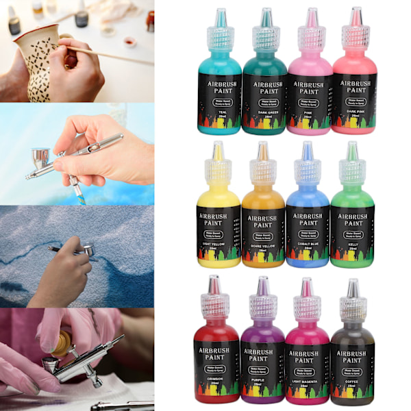 12 Färger Airbrush-färgset 348ml, DIY Flytande Bläck för Bilhantverk, Kakel, Stenar och Konstprojekt, Ultratunn Spets, Vattenbaserad, Lätt att Använda