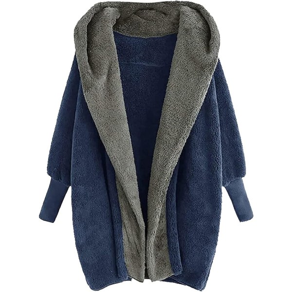 Plysch, färgblockad kofta för damer Mode dubbelsidig sammet Höst/vinter Hood Loose Top Casual BLUE L