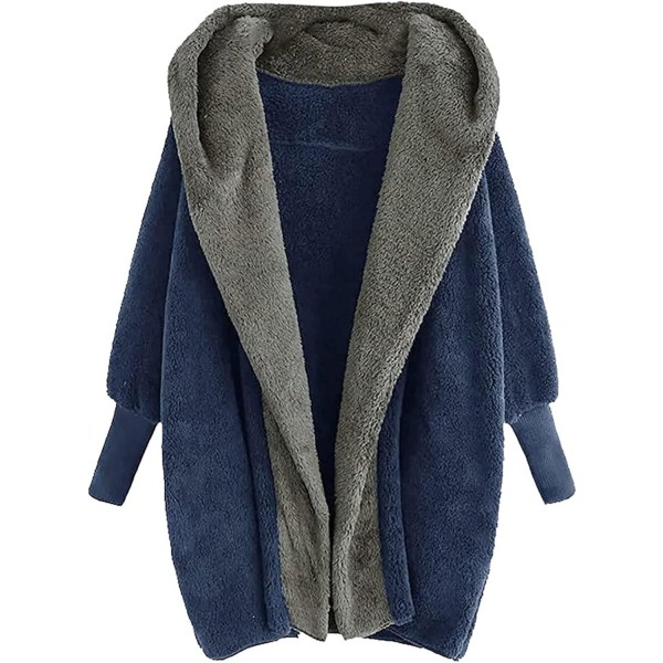 Plysch, färgblockad kofta för damer Mode dubbelsidig sammet Höst/vinter Hood Loose Top Casual BLUE M