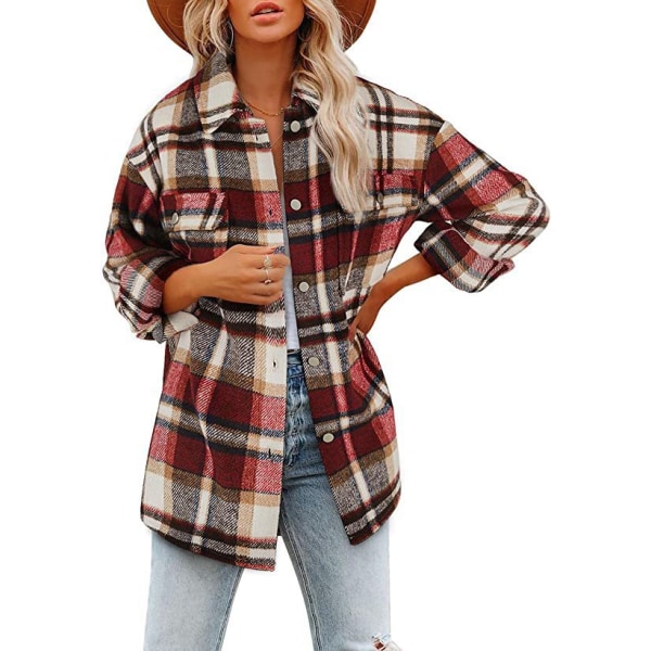 Kvinnors Klassiska Rutiga Knappskjortor Långärmad Flanell Kragejacka Höst och Vinter Casual Lös Ull Cardigan Kavaj RED L