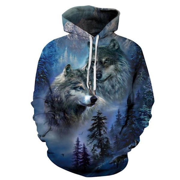 Varg Totem Mode Hoodie för Män och Kvinnor 3D-Tryckt, Glansig Varghuvud Design Tröja Pullover Höst Vinter Tröja blue2 XS