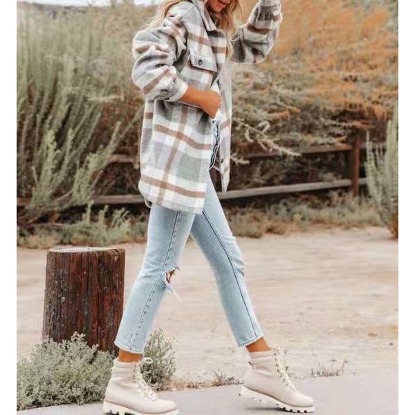 Kvinnors Klassiska Rutiga Knappskjortor Långärmad Flanell Kragejacka Höst och Vinter Casual Lös Ull Cardigan Kavaj RED M
