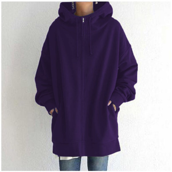 Dam Lång Luvtröja Tunika Vinter Varma Fleecejackor Casual Oversize Sweatshirt Kappa Zip Up Huvtröjor med fickor Purple S