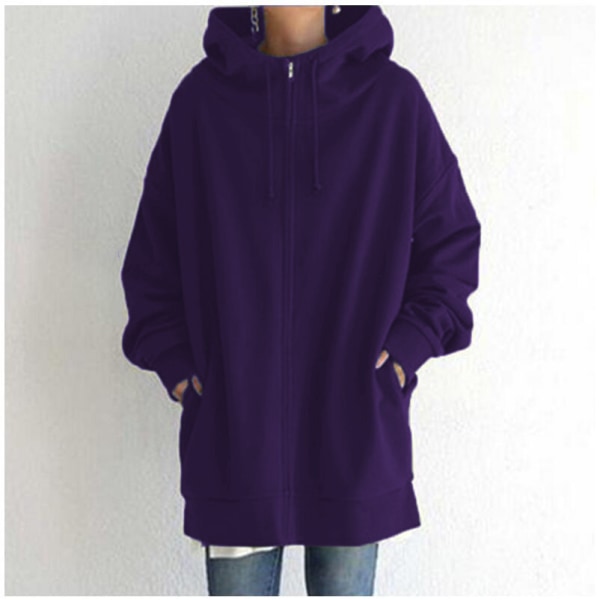 Dam Lång Luvtröja Tunika Vinter Varma Fleecejackor Casual Oversize Sweatshirt Kappa Zip Up Huvtröjor med fickor Purple XL