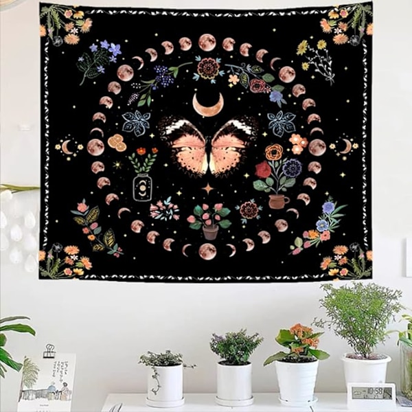 Fjärilsblommiga väggbonad, naturliga växter månfas väggbonad, bohemisk mandala blommiga väggbonad sovrum estetisk hem sovsal dekoration