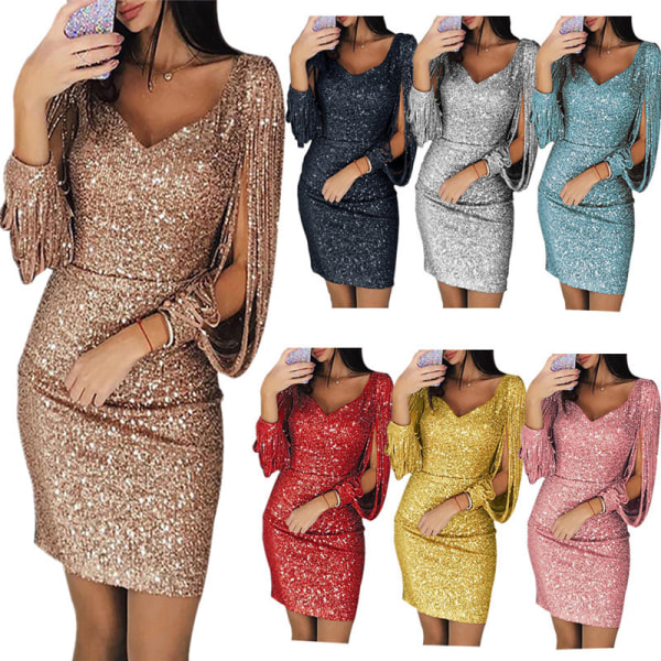 Kvinnor Paljettklänning Glitter Sparkle Sexig Djup V-ringad kort klänning ovanför knälång Lång tofsärmad klänning Gold 2XL