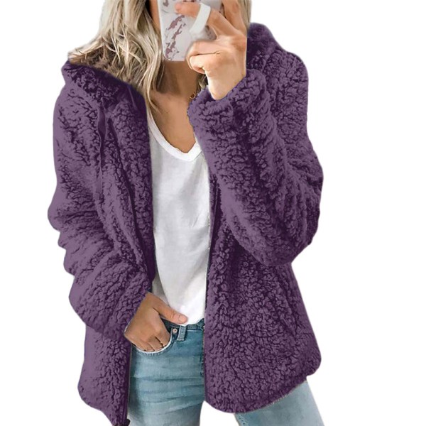 Dam fleece fluffig huva långärmad jacka vinter varm teddybjörn cardigan Purple L