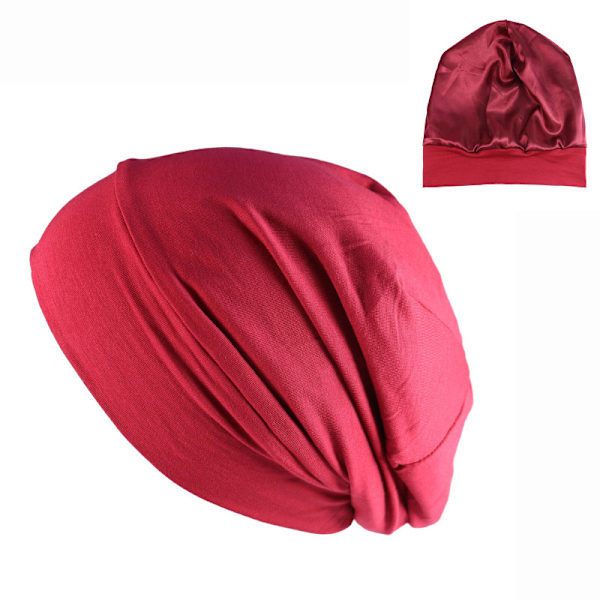 Satinfodrad Beanie, Siden Beanie Sovhatt Hårtäckande Bonnet Slouchy Beanie Natt Sovhatt Justerbar För Lockigt Svart Hår Burgundy