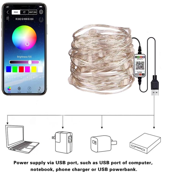 5m/10m/20m USB-drivna Julgransljus med Smart Bluetooth App Fjärrkontroll Heminredning Sagoslinga 10M