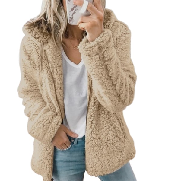 Dam fleece fluffig huva långärmad jacka vinter varm teddybjörn cardigan Khaki S