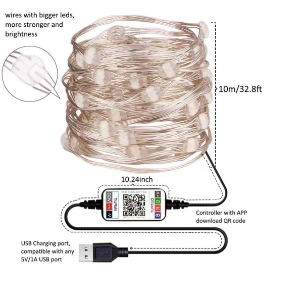 5m/10m/20m USB-drivna Julgransljus med Smart Bluetooth App Fjärrkontroll Heminredning Sagoslinga 10M
