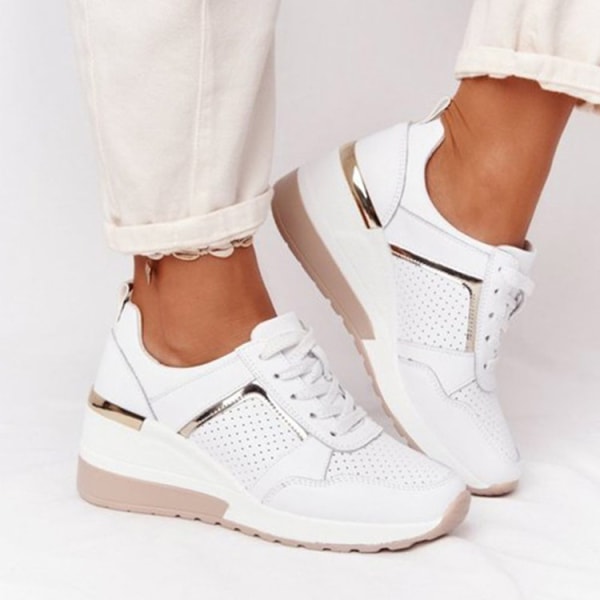 Fritidsskor för kvinnor Plattform Casual Sneakers i mesh med snörning beige 43