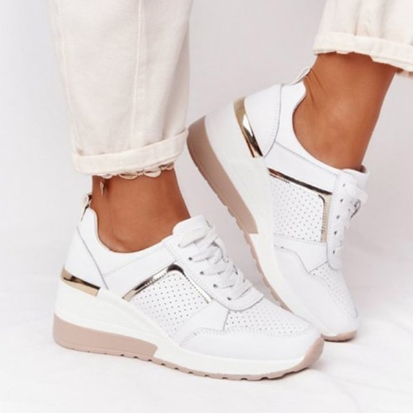 Fritidsskor för kvinnor Plattform Casual Sneakers i mesh med snörning white 38