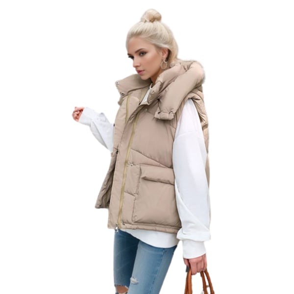 Damväst i dun bomull Kort fluffig modetrend Fashionabel väst lös västjacka khaki L