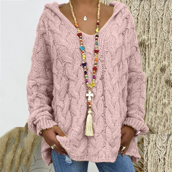 Huvtröja i Twist-Stickad, Solid Färg för Kvinnor, Höst/Vinter Mode, V-ringad, Lös, Casual, Tunn pink XL