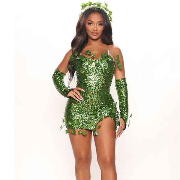 Halloween-skurk Poison Ivy Cosplay Kostym Finklänning för kvinnor Carnival Party Paljettklänning Set L