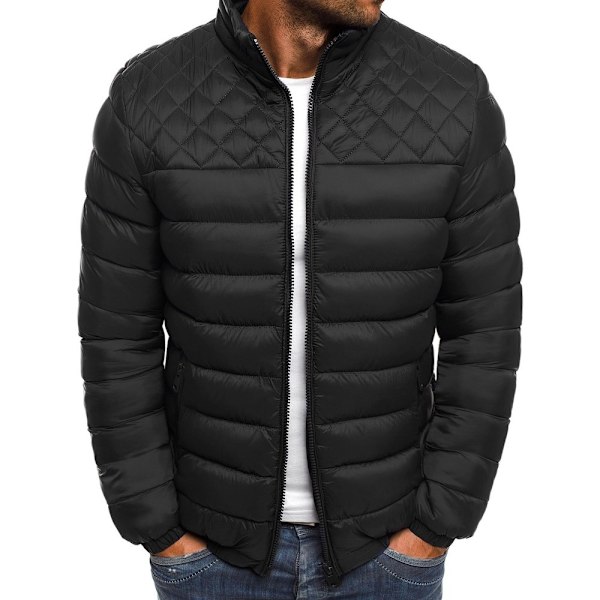 Herrar Ståkrags Solid Färg Romb Mönster Bomull Enkel Mode Slank Jacka Höst och Vinter Casual Topp BLACK M