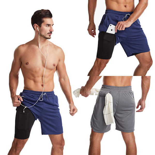 Baddräkter för Män, Baddräkter med Kompressionsfoder 2 i 1 Snabbtorkande Stretchiga Herrbaddräkter Surfstrandshorts med 2 Fickor med Dragkedja Black L