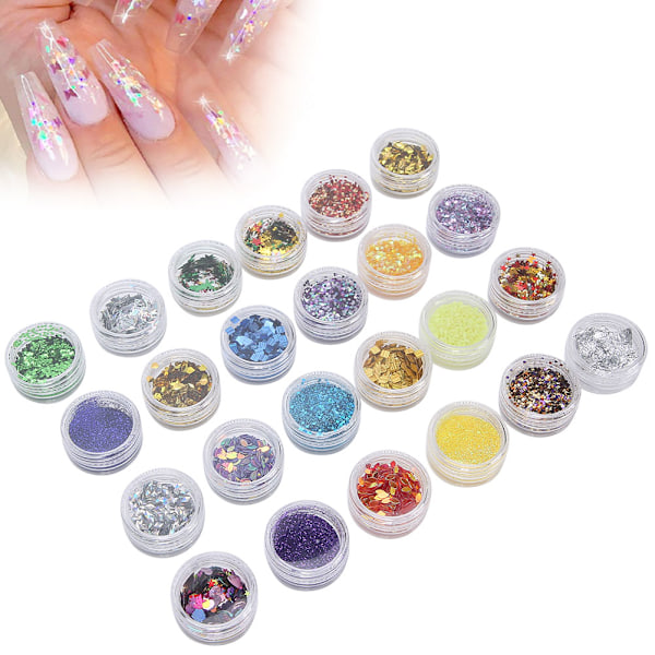 Färgglada Nagelglitterpulver Sekvenser 24 Flaskor Paillette Flakes Nagelsmycken DIY Dekorationer, Hållbara och Långvariga Nagelsmycken för Hantverkare