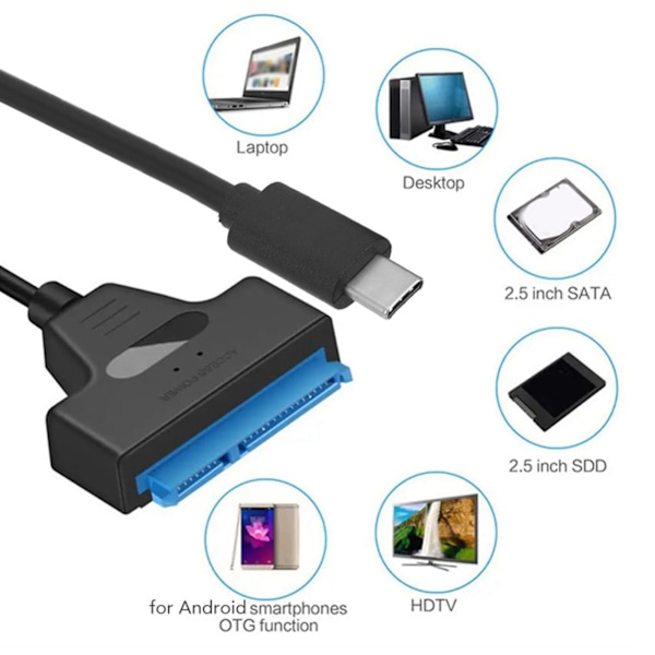 SATA till USB 3.1 Typ C-adapter för 2,5-tums HDD SSD, UASP 6 Gbps hårddisk-konverteringskabel med hållbara metallkontakter