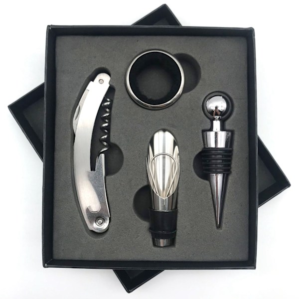 Vinfö öppnare set i rostfritt stål, rostskyddad, elegant förpackning, handtag, korkskruv, för hem, bar, restaurang, gåvor, svart, hållbar design för enkel användning