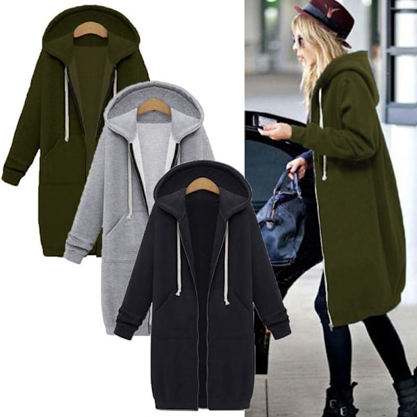 Dam Hoodie Sweatshirt Jacka med Blixtlås, Lång, Plus Size Army Green 4XL