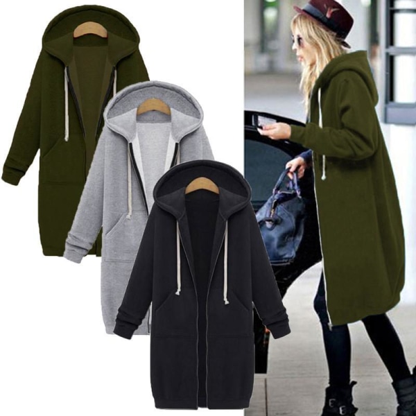 Dam Hoodie Sweatshirt Jacka med Blixtlås, Lång, Plus Size Army Green XL