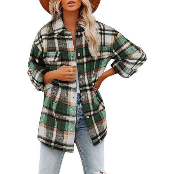 Kvinnors Klassiska Rutiga Knappskjortor Långärmad Flanell Kragejacka Höst och Vinter Casual Lös Ull Cardigan Kavaj GREY1 XS