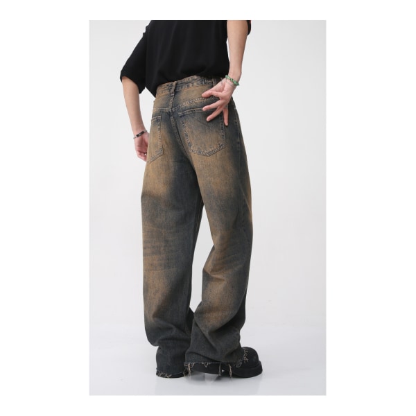 Raka retro jeans för män Mode Distressed Gradient Rostiga Raw Edge Byxor Casual Jeans med lös textur blue XL