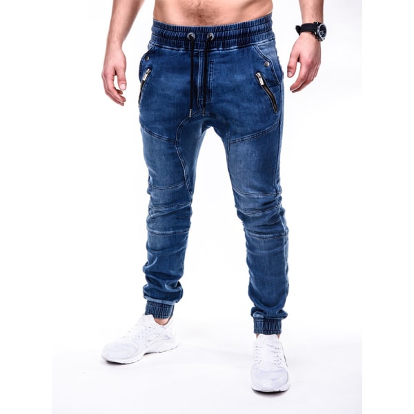 Män har ett bälte -bälte denim casual åtsittande sportbyxor bukett jeans blue XL