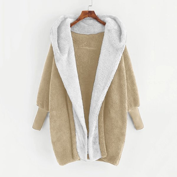 Dam Cardigan i Plysch med Färgblock, Mode, Dubbelsidig Sammet, Höst/Vinter, Huva, Lös Topp, Casual KHAKI S