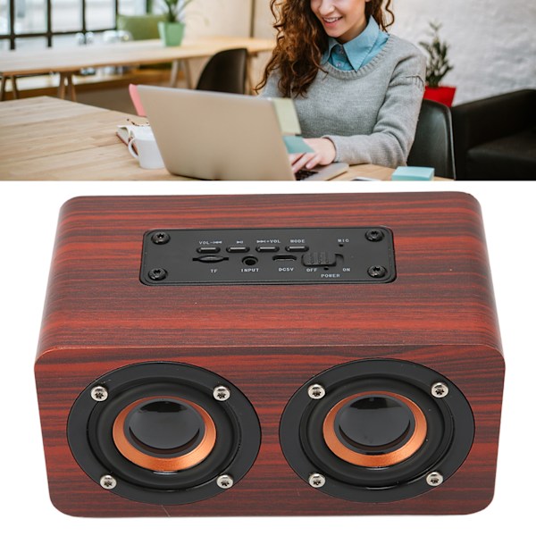 Portabel Retro Bluetooth-högtalare med inbyggd mikrofon, trådlös högtalare med minneskort, USB & AUX-ingång, MP3-stöd, röd träimitation