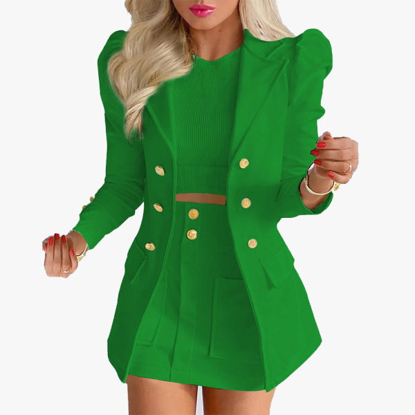 Damer med fickor kavaj och set Slim Fit formell kostymset långärmad tvådelad outfit Dark Green XXL