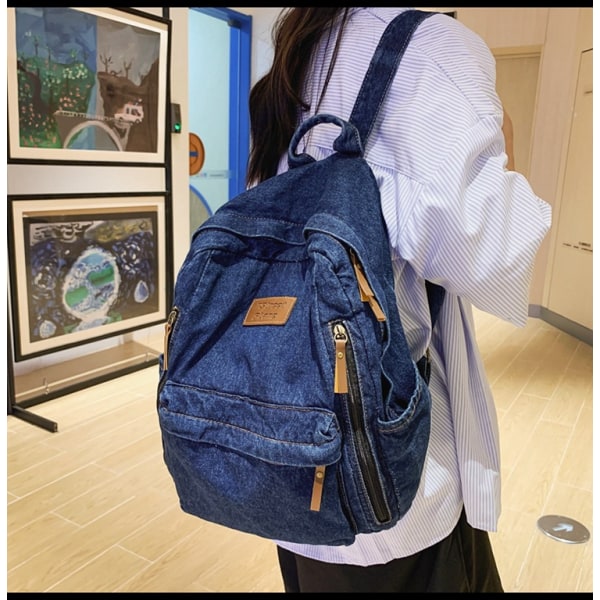 Skolväska högstadieelever hög kapacitet ryggsäck denim trend matchande ryggsäck resväska BLUE