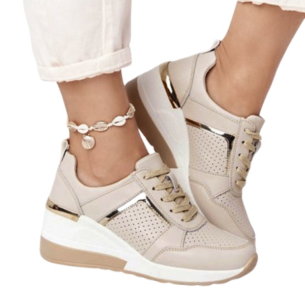 Fritidsskor för kvinnor Plattform Casual Sneakers i mesh med snörning beige 36
