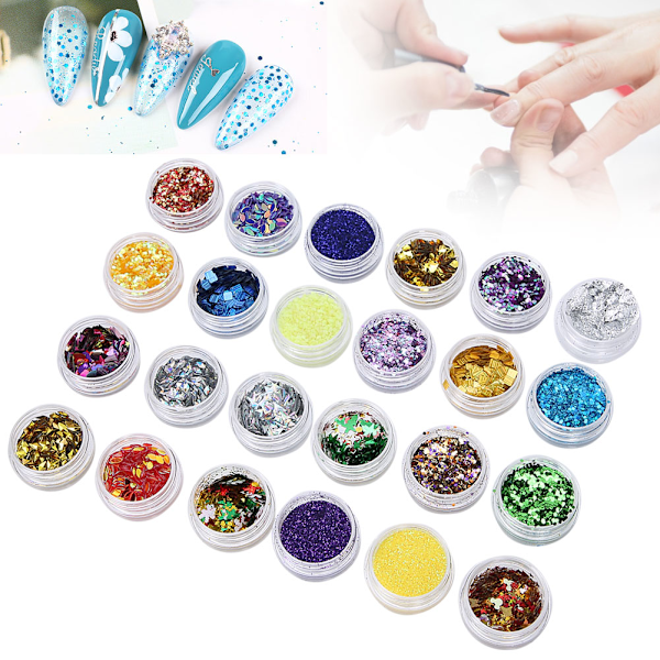 Färgglada Nagelglitterpulver Sekvenser 24 Flaskor Paillette Flakes Nagelsmycken DIY Dekorationer, Hållbara och Långvariga Nagelsmycken för Hantverkare