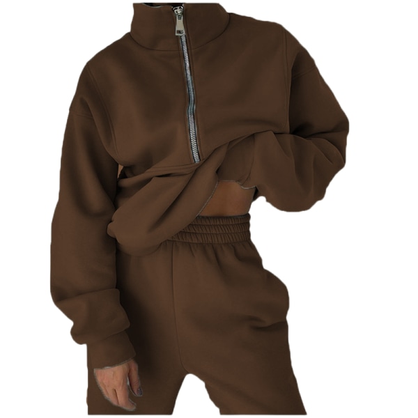 Dragkedja Hoodie för Kvinnor Sport- och Fritids-Hooded Tröja Set för Höst Vinter Jul Outfit Elegant brown6 S