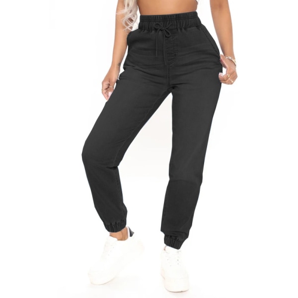 Jean Joggers för kvinnor Hög midja Dragsko Elastisk midja Stretch Jeansbyxor Elastiskt midjeband Lös jogger black XL