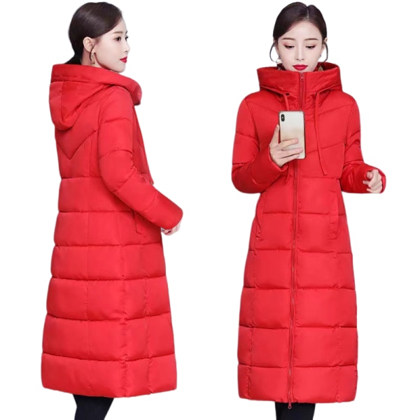 Vinterjacka med luva för kvinnor, lång över knä, varm tjock vadderad jacka, vadderad dunjacka i casual RED 2XL