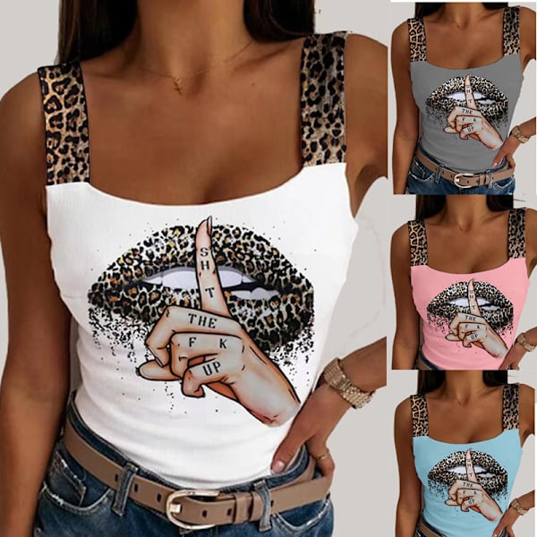 Sexig Dam T-shirt Leopard Läppar Tryckt Ärmlös Kort Blus Mode Fest Klubb Sommar Ärmlös Streetwear Korsett Toppar BLUE L