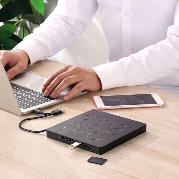Ultratunn 6-i-1 Extern DVD-enhet USB3.0 Typ C för Laptop Dator, CD DVD-brännare, Kompatibel med Windows Mac Linux