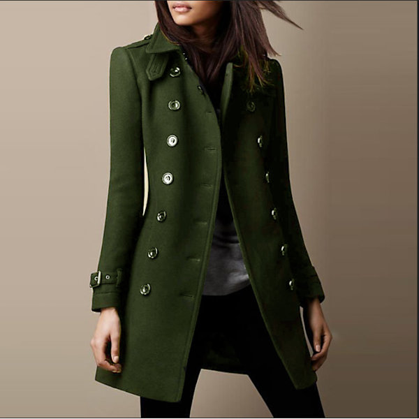 Kvinnors Militärinspirerad Krage Ullkappa Dubbelknäppt Ullblandning Army Green XL