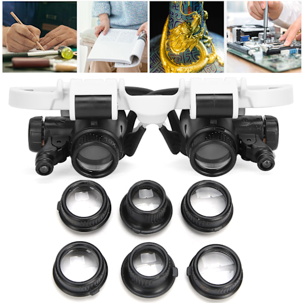 Handsfree LED-huvudförstoringsglas för juvelerare, reparation, läsning, justerbart pannband med LED-ljus för närbildshjälp