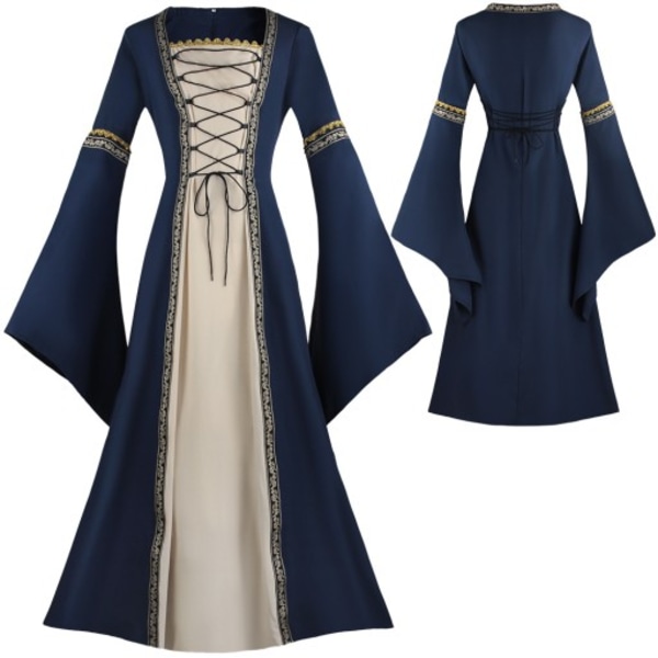 Fyrkantig hals Bell ärm lång klänning gotisk retro kvinnors medeltida Palace Robe blue XL