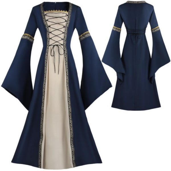 Lång klänning med fyrkantig halsringning och klockärmar - Gotisk retro, medeltida palatsdräkt för kvinnor blue M