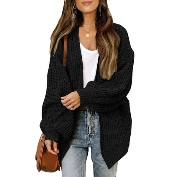 Dam Cardigan med Ballongärmar, Höst/Vinter, Mode, Tjock Ull, Fickor, Casual Stickad black M